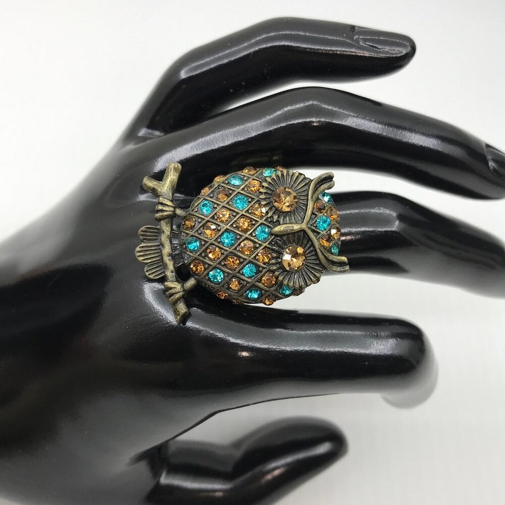 Retro Whimsigoth Bronze-Tone Owl Crystals Stretchy Statement Ring 8 - Picture 2 of 5